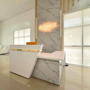 Aventurine Reception desk. L Shaped Reception Desk. Marble laminate accent.