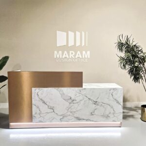 Jade Plus Reception desk ( Gloss White + Copper) Gold Metal laminate has an additional cost.