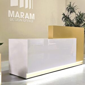 Jade Plus Reception desk ( Gloss White + Gold) Gold Metal laminate has an additional cost.