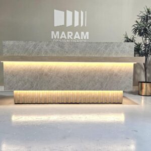 Opal Reception desk (WHITE SHALESTONE 9525-34, 2 = 8844-WR Aged Ash Wood brush Texture)